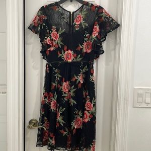 Calvin Klein red green & black floral lace dress - gold zipper up size 4